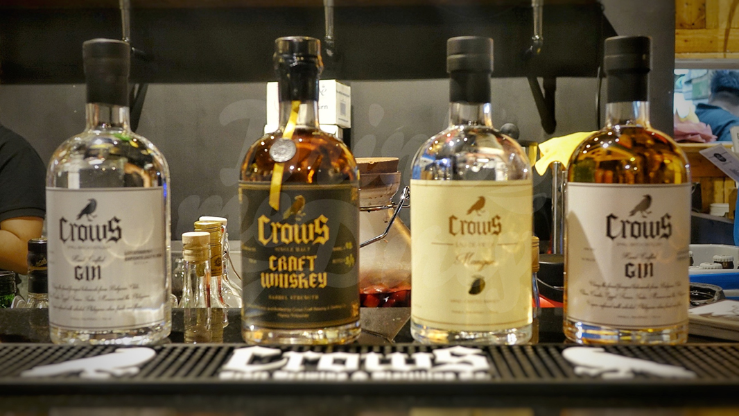 Crows Craft Gin, Crows Single Malt Craft Whiskey, Crows Eau De Vie De Mangue, and Crows Barrel Reserve Gin